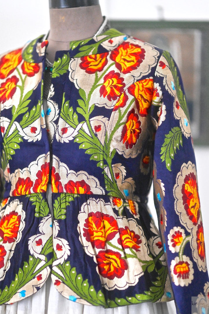 Tara, Pure Gyasar Silk & Copper Zari, Short Peplum Jacket in Navy Blue