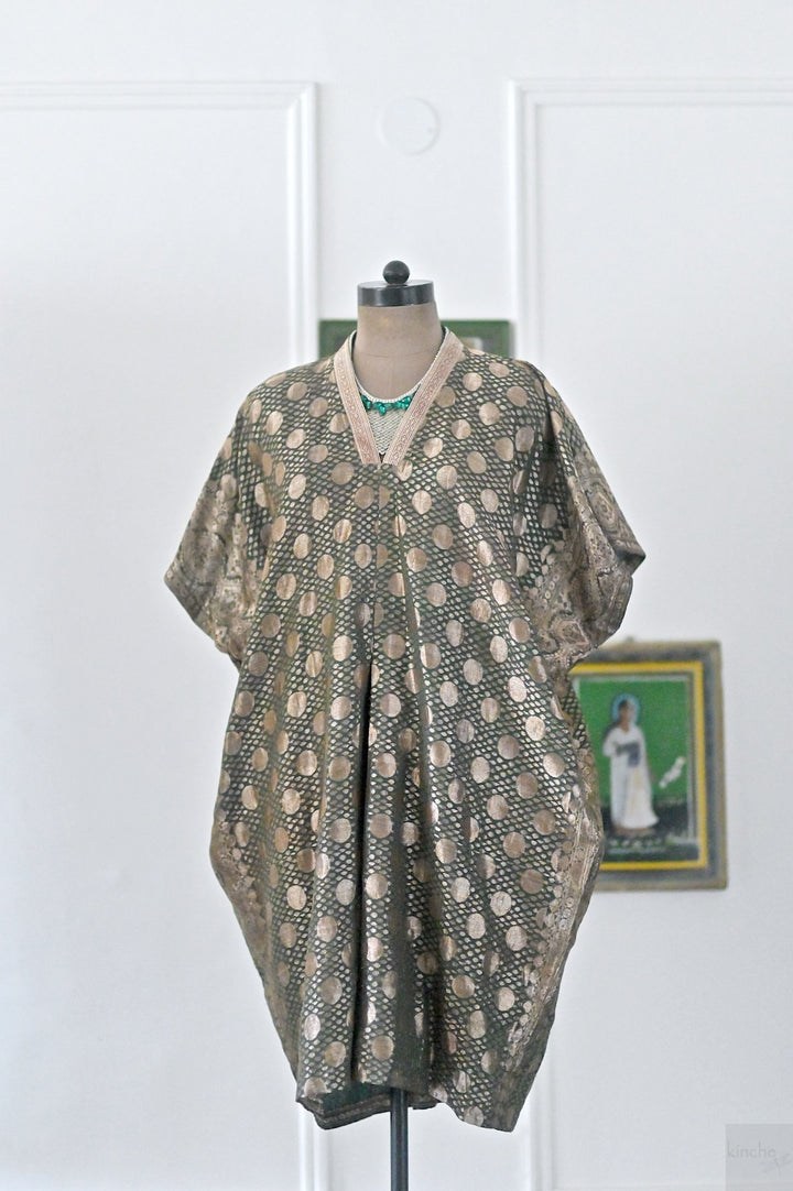 Ila, Vintage Saree, Henna Green & Gold Zari Kaftan, X Large