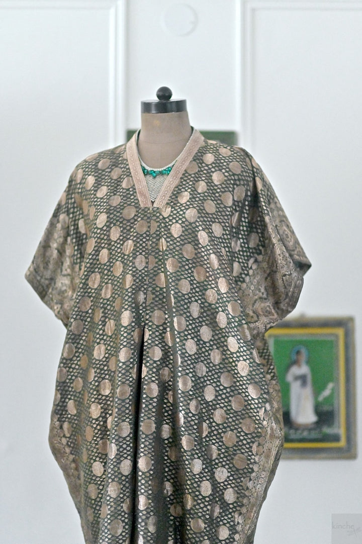 Ila, Vintage Saree, Henna Green & Gold Zari Kaftan, X Large
