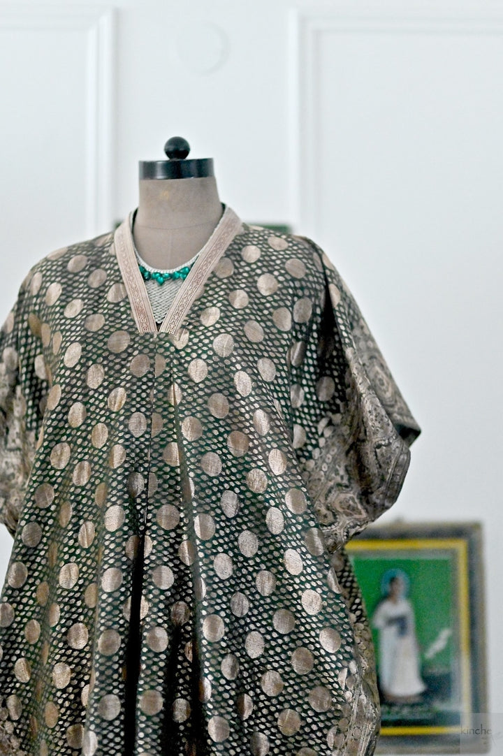 Ila, Vintage Saree, Henna Green & Gold Zari Kaftan, X Large