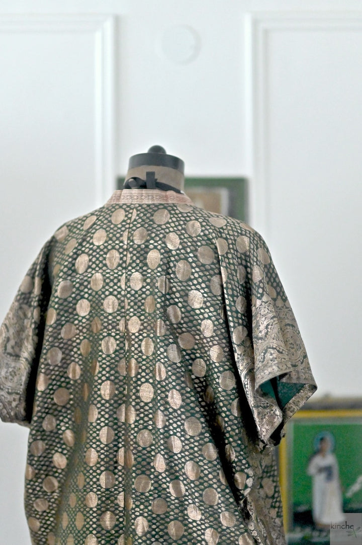 Ila, Vintage Saree, Henna Green & Gold Zari Kaftan, X Large