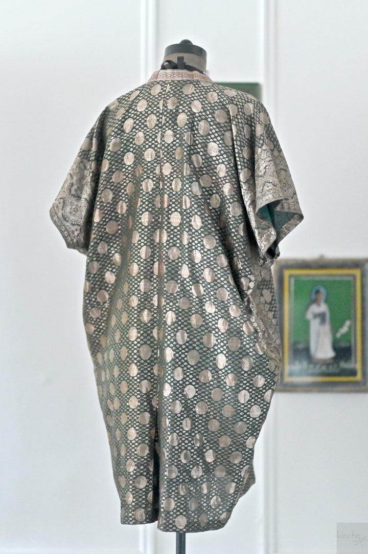 Ila, Vintage Saree, Henna Green & Gold Zari Kaftan, X Large