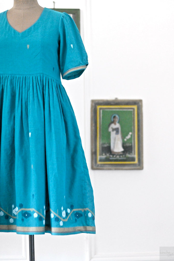 Jhiri, Turquoise Jamdani, Loose Fit Dress with Cotton Lining