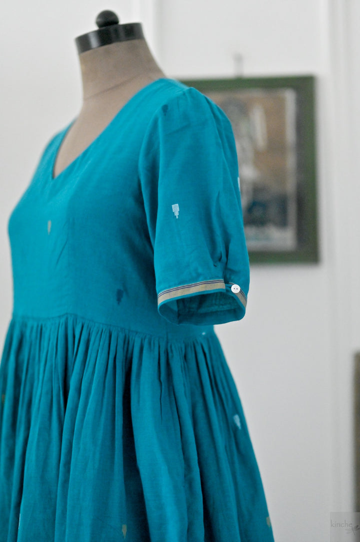 Jhiri, Turquoise Jamdani, Loose Fit Dress with Cotton Lining