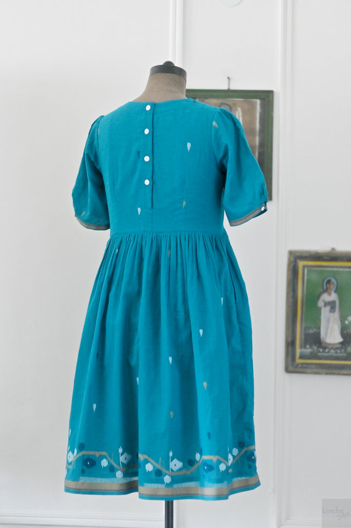 Jhiri, Turquoise Jamdani, Loose Fit Dress with Cotton Lining