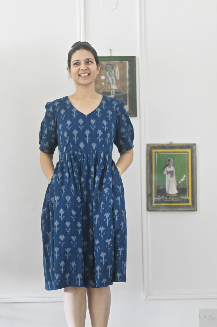 Helna, Indigo, Drop Waste Ikat Woven Dress, Fully Lined
