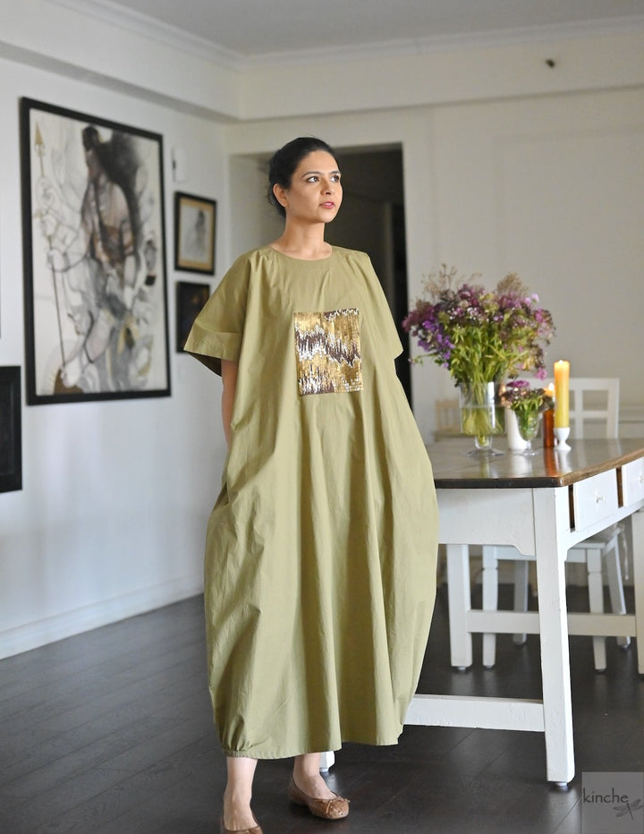 Kia, Cotton Poplin Cocoon Maxi Dress with Glass Beads Hand Embroidery