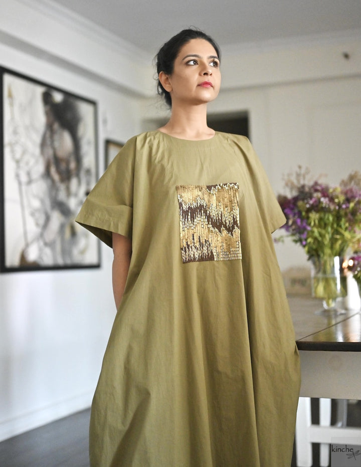 Kia, Cotton Poplin Cocoon Maxi Dress with Glass Beads Hand Embroidery