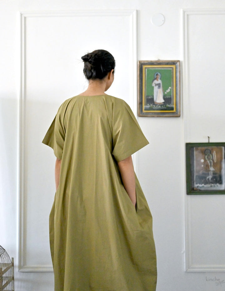 Kia, Cotton Poplin Cocoon Maxi Dress with Glass Beads Hand Embroidery