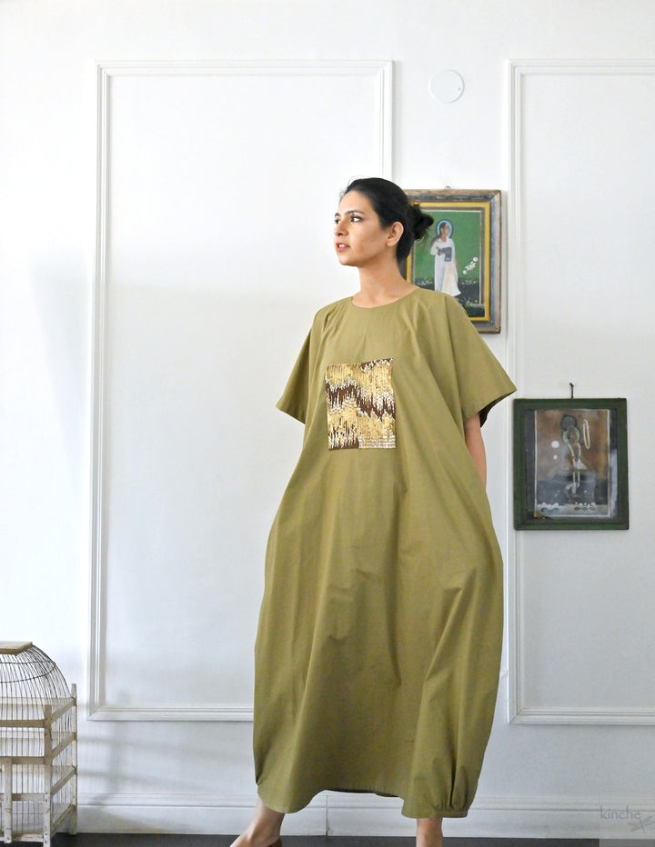 Kia, Cotton Poplin Cocoon Maxi Dress with Glass Beads Hand Embroidery