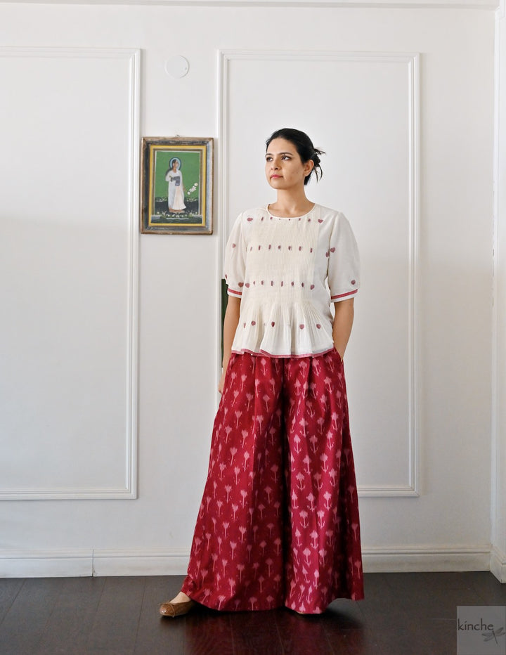 Beirut, Handmade Elastic  Waist, Ikat Weave Flared Pants in Deep Red