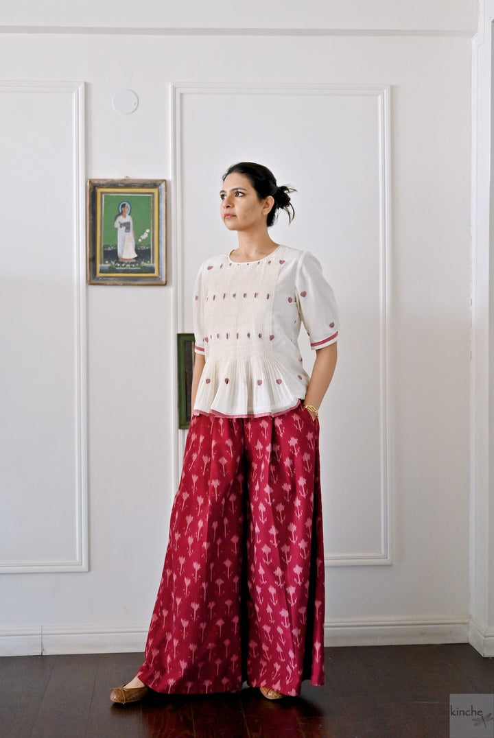 Beirut, Handmade Elastic  Waist, Ikat Weave Flared Pants in Deep Red