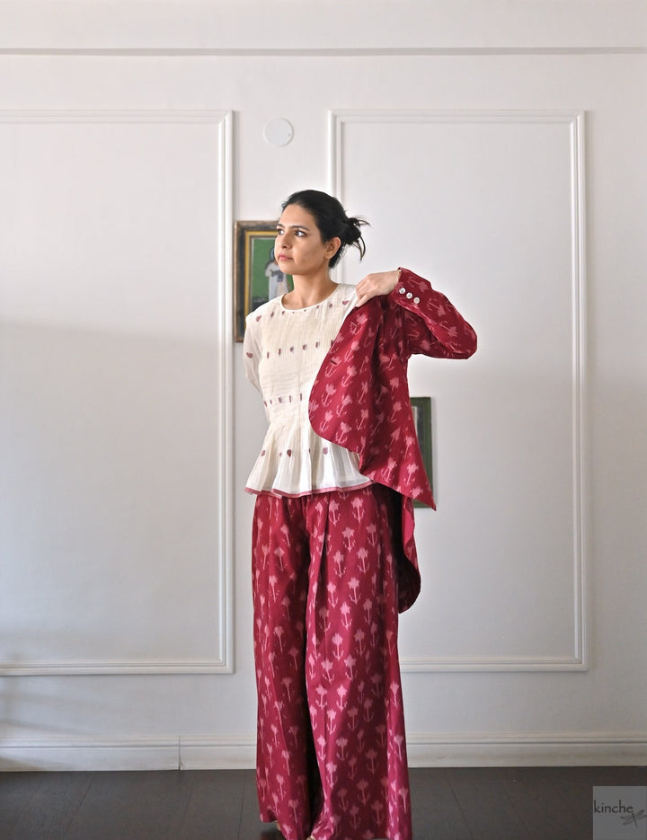 Beirut, Handwoven Ikat Fabric Cotton Blazer with  Deep Red Flared Pants