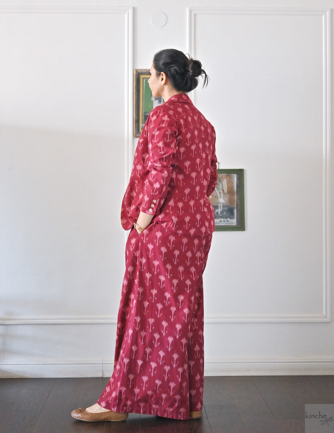 Beirut, Handmade Elastic  Waist, Ikat Weave Flared Pants in Deep Red