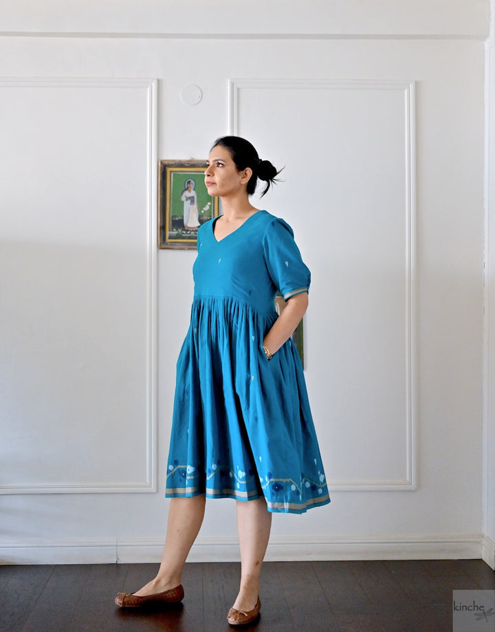Jhiri, Turquoise Jamdani, Loose Fit Dress with Cotton Lining