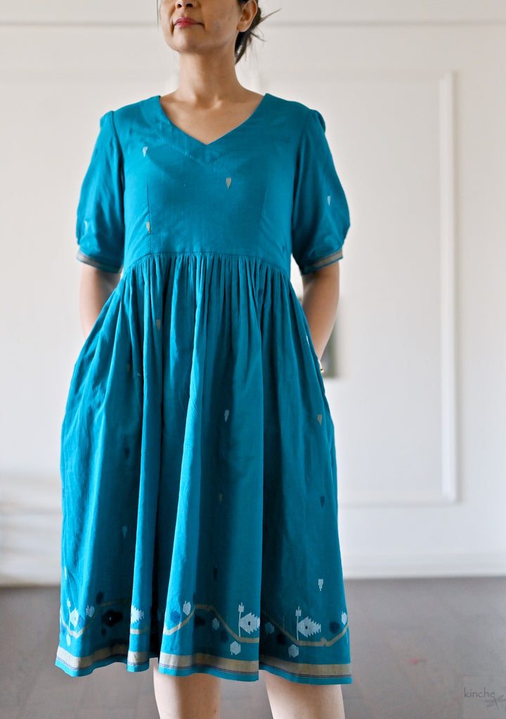 Jhiri, Turquoise Jamdani, Loose Fit Dress with Cotton Lining