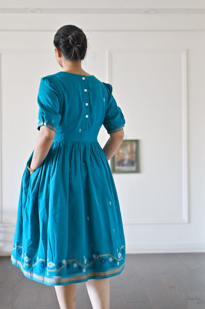 Jhiri, Turquoise Jamdani, Loose Fit Dress with Cotton Lining