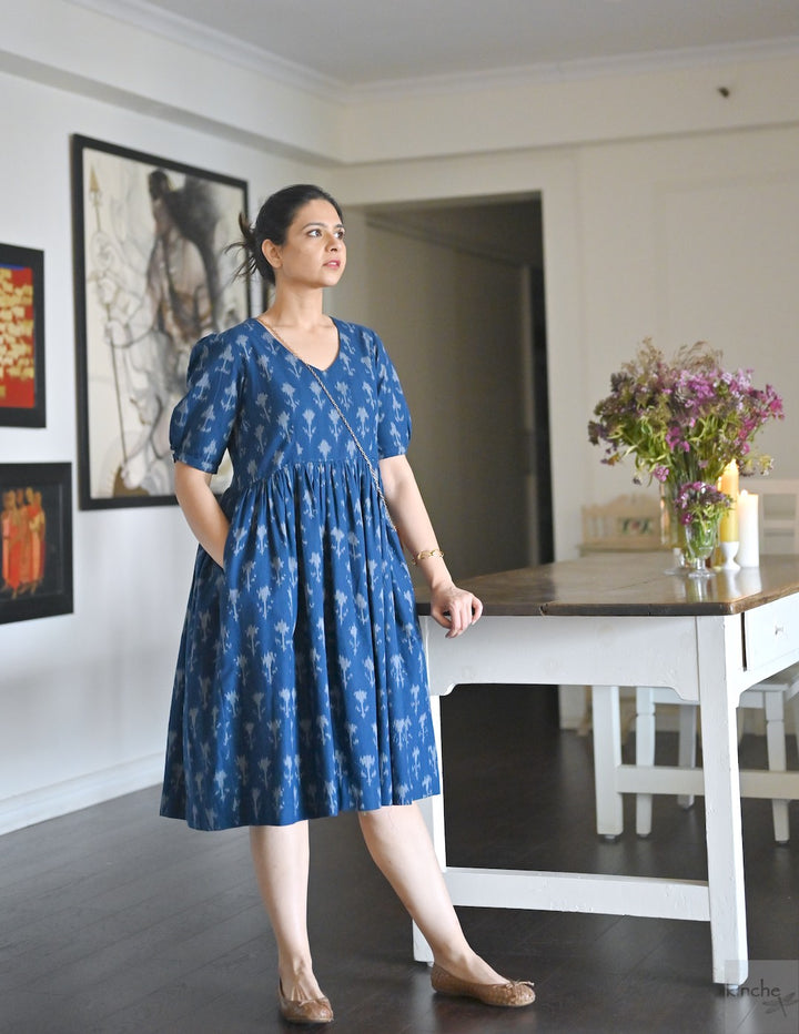 Helna, Indigo, Drop Waste Ikat Woven Dress, Fully Lined