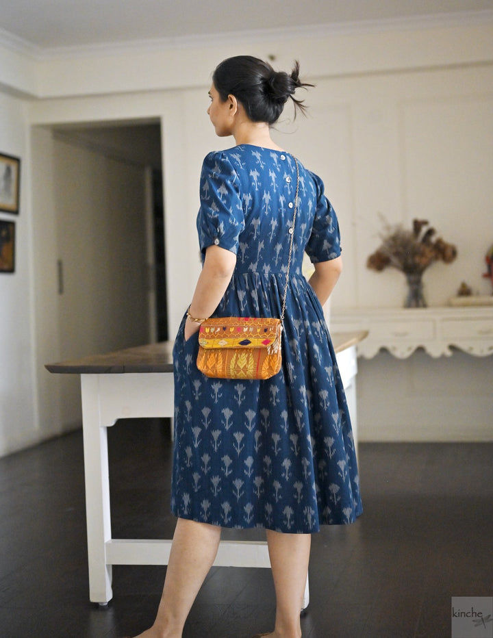 Helna, Indigo, Drop Waste Ikat Woven Dress, Fully Lined