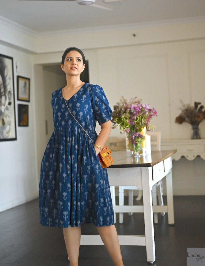 Helna, Indigo, Drop Waste Ikat Woven Dress, Fully Lined
