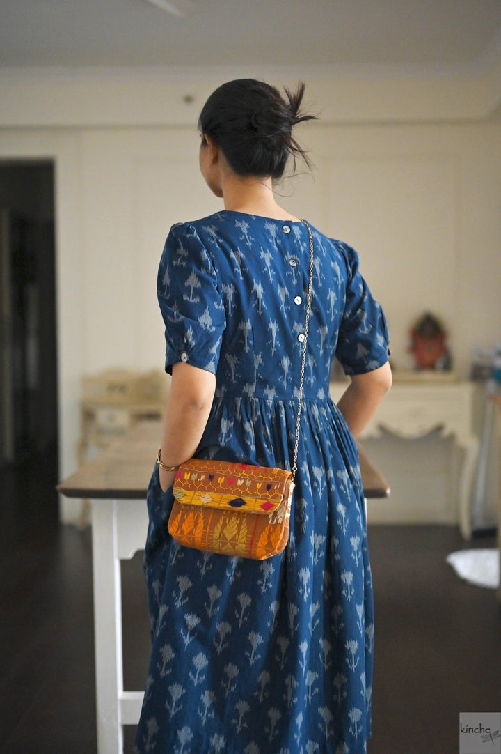 Helna, Indigo, Drop Waste Ikat Woven Dress, Fully Lined