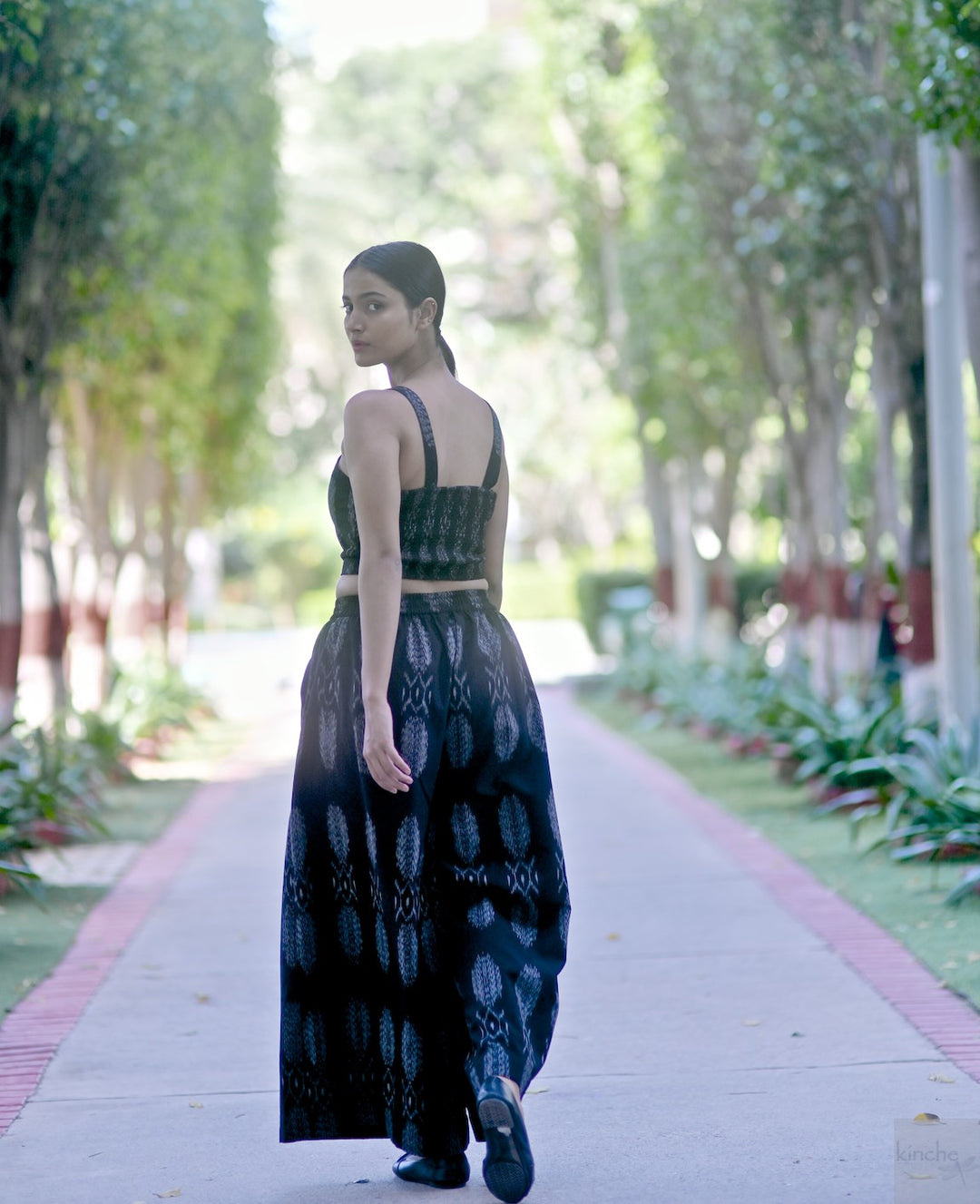 Asaka, Ikat Weave Black Flared Pants with Pockets