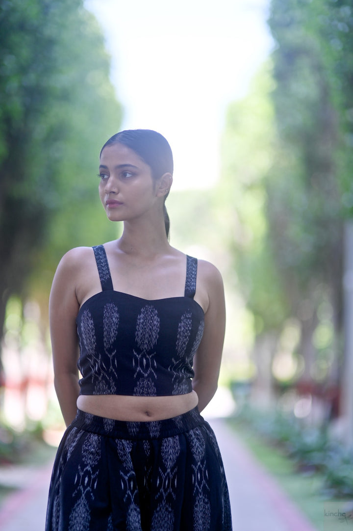 Asaka, Black Ikat Weave Coord Set, Blazer & Flared Pants with a Bustier