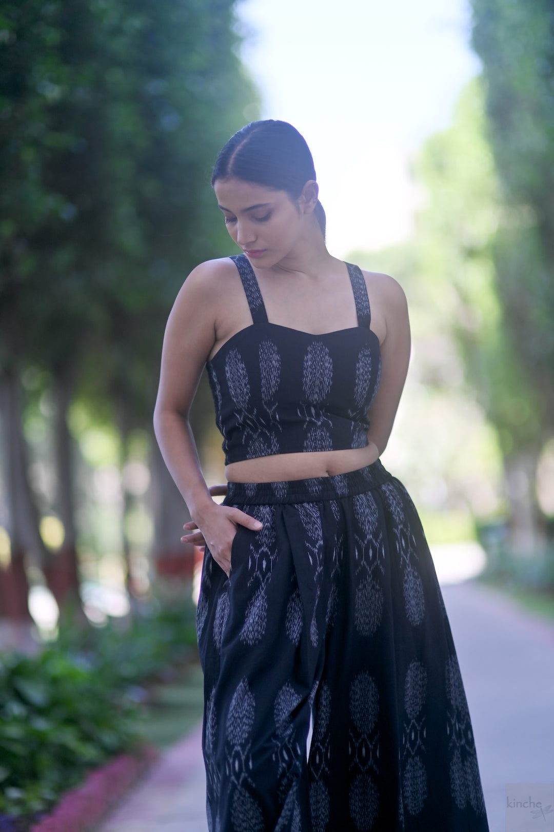 Asaka, Ikat Weave Black Flared Pants with Pockets