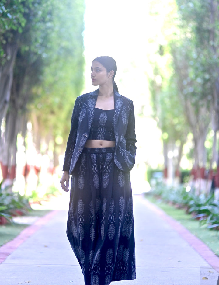 Asaka, Black Ikat Weave Coord Set, Blazer & Flared Pants with a Bustier
