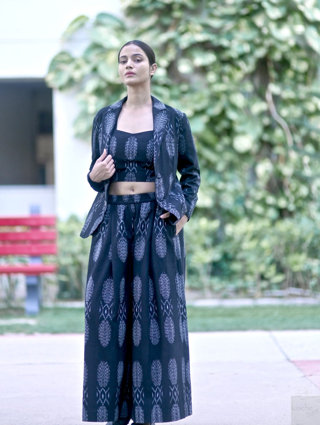 Asaka, Ikat Weave Black Flared Pants with Pockets