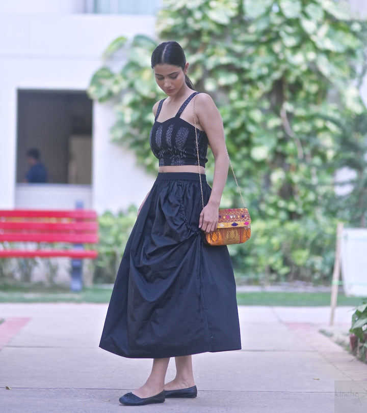 Lima, Elasticised Waist, Cotton Poplin Asymmetrical Skirt in Black