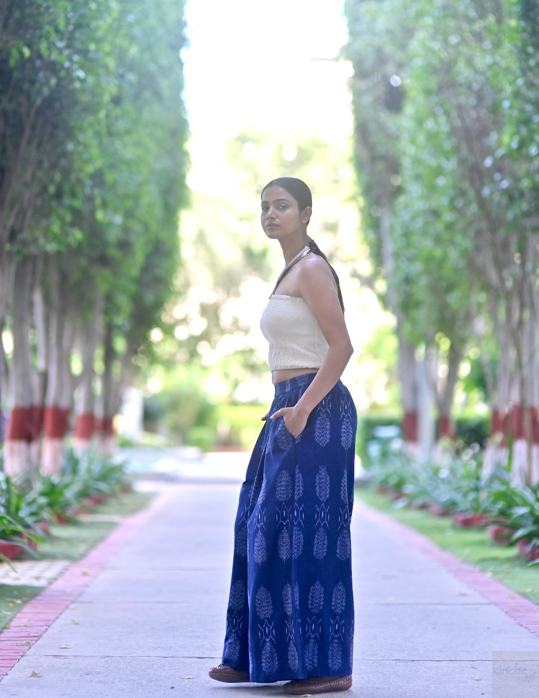 Bukhara, Handmade Elastic  Waist, Ikat Weave Flared Pants in Indigo