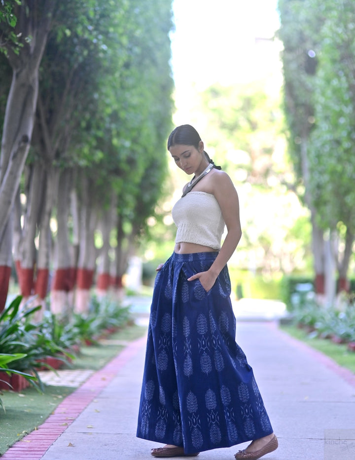 Bukhara, Handmade Elastic  Waist, Ikat Weave Flared Pants in Indigo