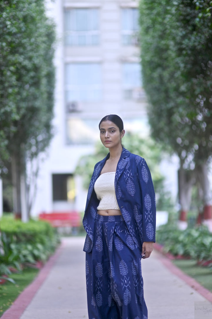 Bukhara, Handwoven Ikat Fabric Cotton Blazer & Indigo Pants, Sustainably made