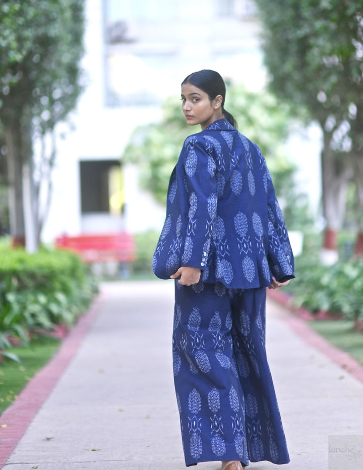 Bukhara, Handwoven Ikat Fabric Cotton Blazer & Indigo Pants, Sustainably made