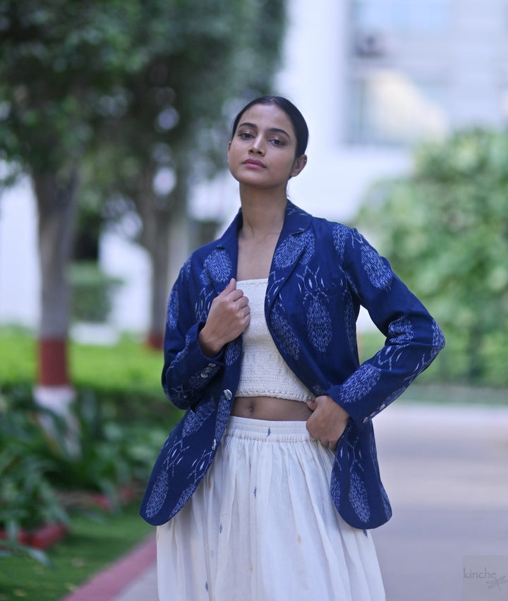 Bukhara, Handwoven Ikat Fabric Cotton Blazer with Kohima Jamdani Skirt