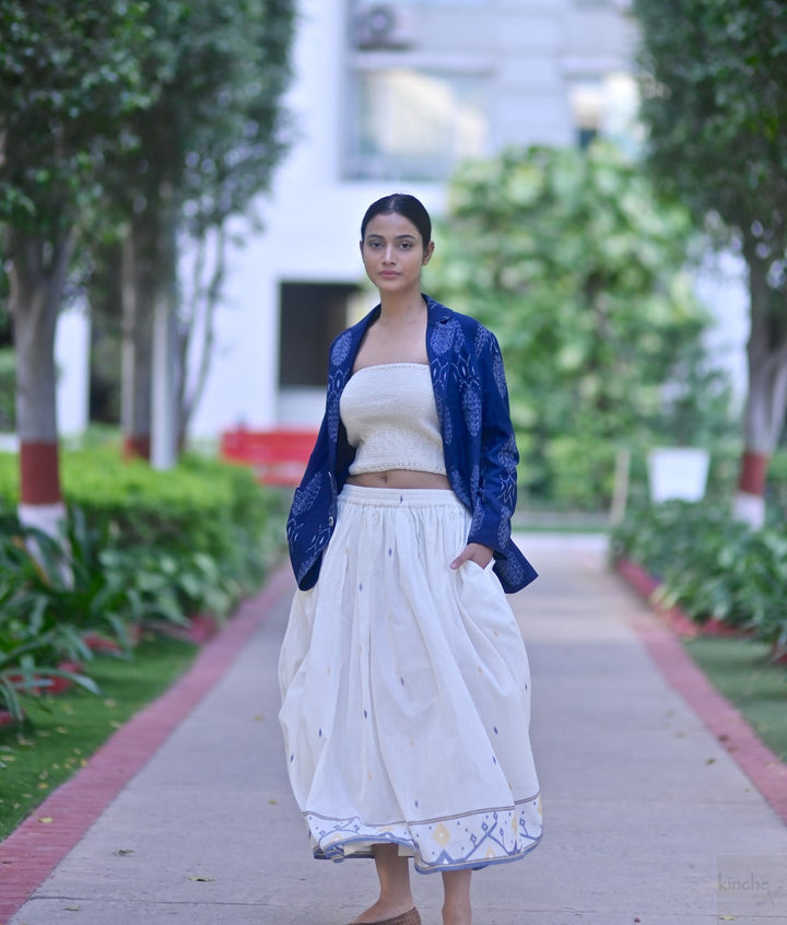 Bukhara, Handwoven Ikat Fabric Cotton Blazer with Kohima Jamdani Skirt