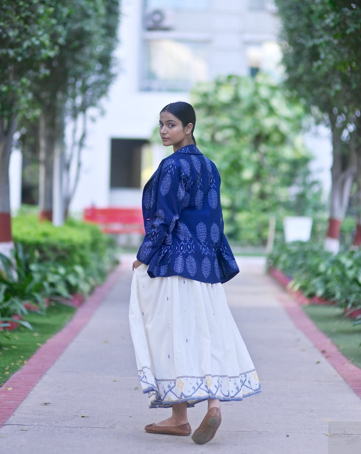 Bukhara, Handwoven Ikat Fabric Cotton Blazer with Kohima Jamdani Skirt