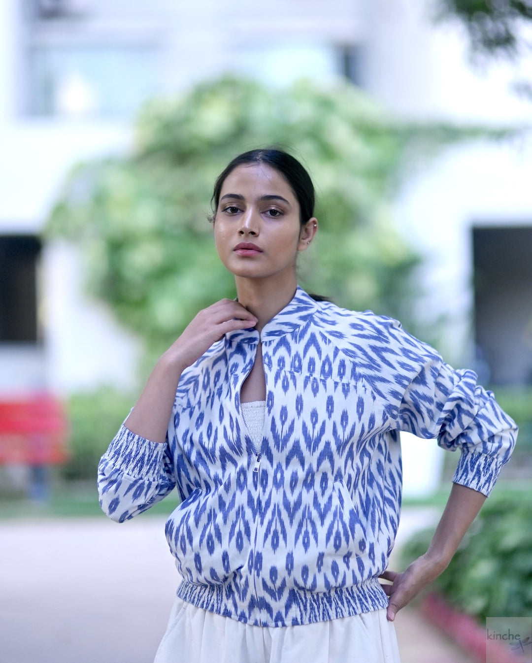 Azure, Indigo & White Ikat Weave Bomber