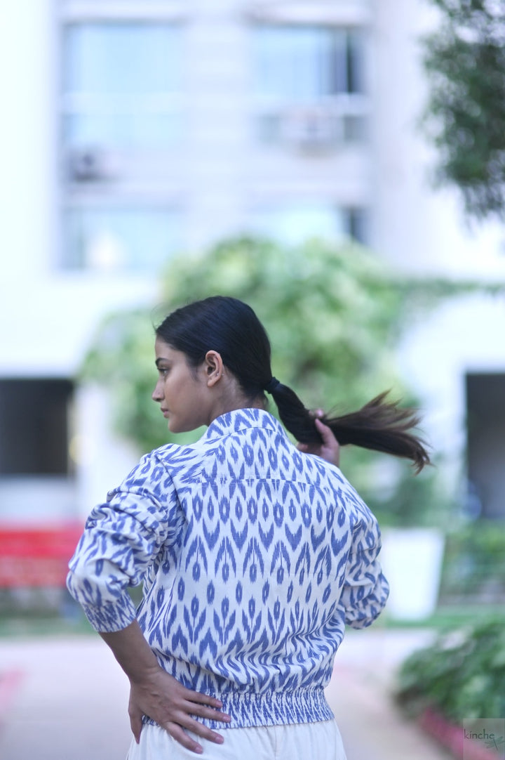 Azure, Indigo & White Ikat Weave Bomber