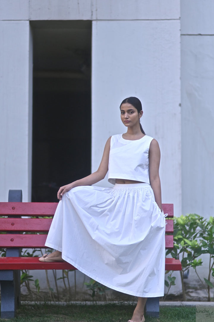 Lima, Elasticised Waist, Cotton Poplin Asymmetrical Skirt in White