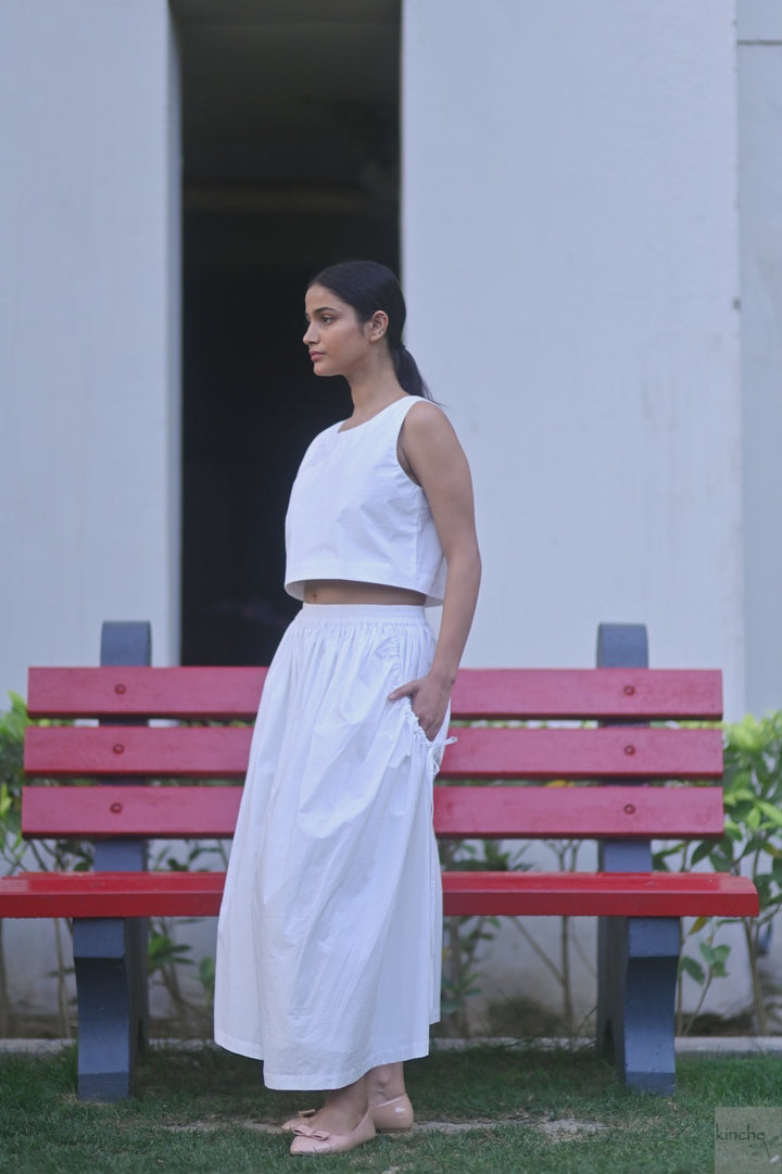 Lima, Elasticised Waist, Cotton Poplin Asymmetrical Skirt in White