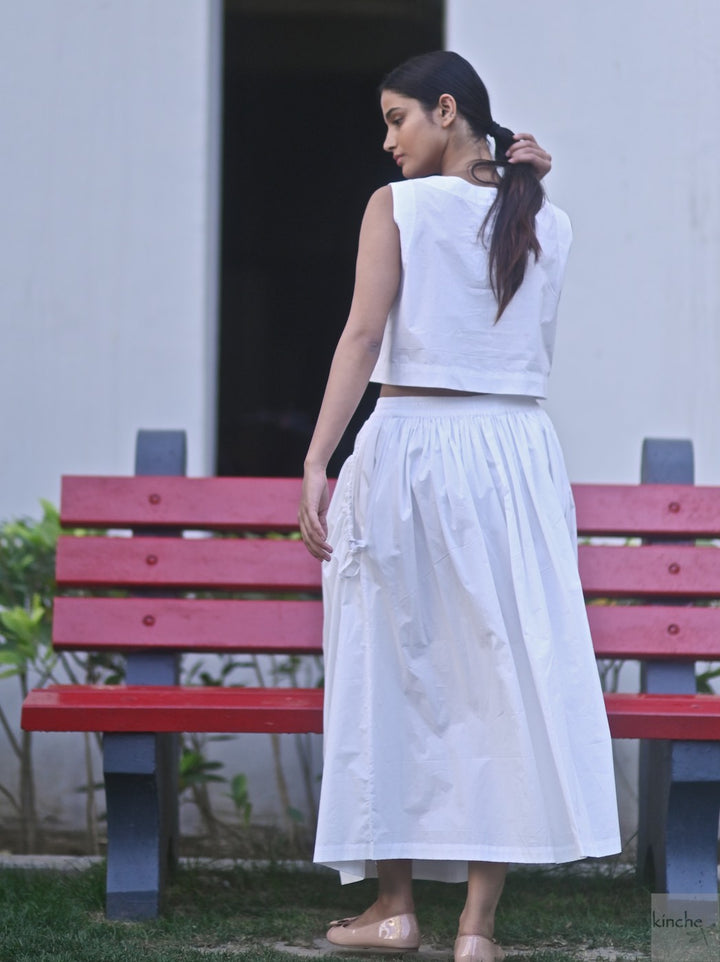Lima, Elasticised Waist, Cotton Poplin Asymmetrical Skirt in White