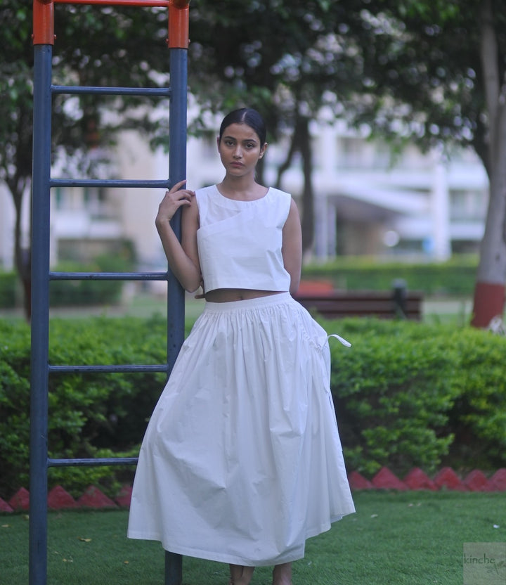 Lima, Elasticised Waist, Cotton Poplin Asymmetrical Skirt in White
