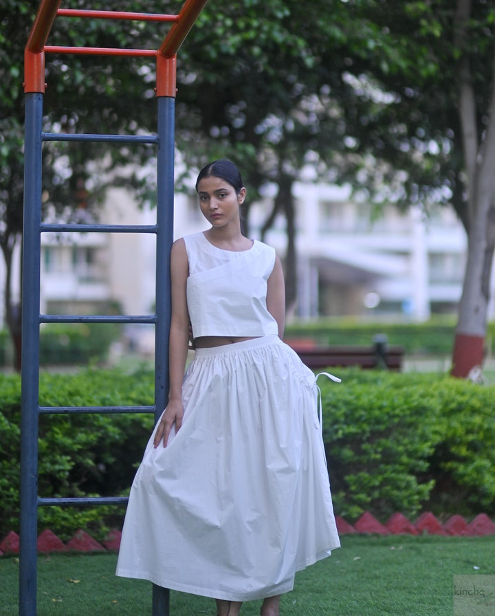 Lima, Elasticised Waist, Cotton Poplin Asymmetrical Skirt in White