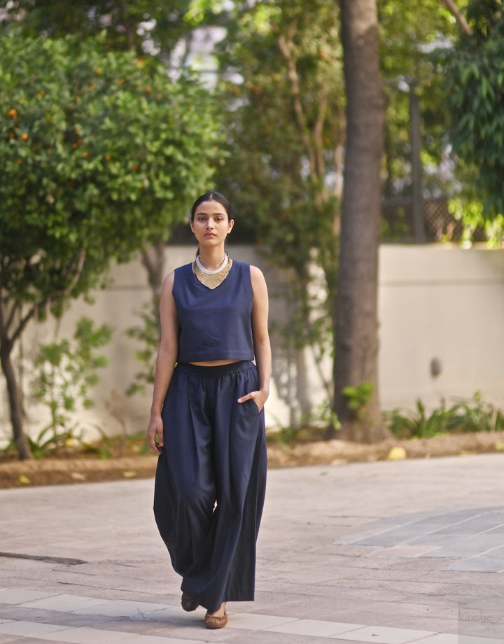 Indus, Woven Ikat, Indigo Flared pants & Cropped Blouse