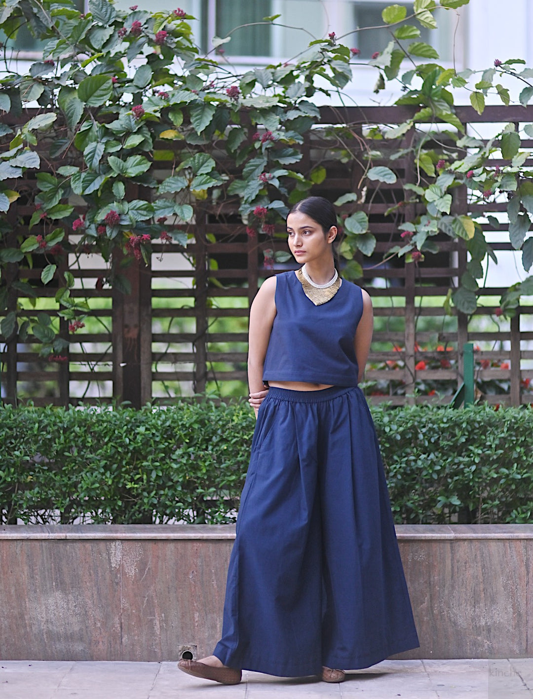 Indus, Ikat Fabric, Solid Indigo/Navy Flared pants, 2 Pockets