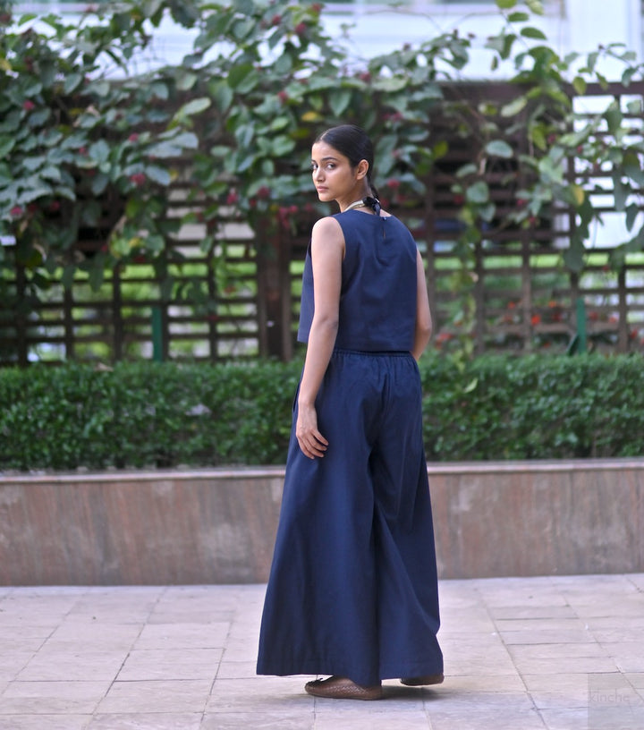 Indus, Woven Ikat, Indigo Flared pants & Cropped Blouse