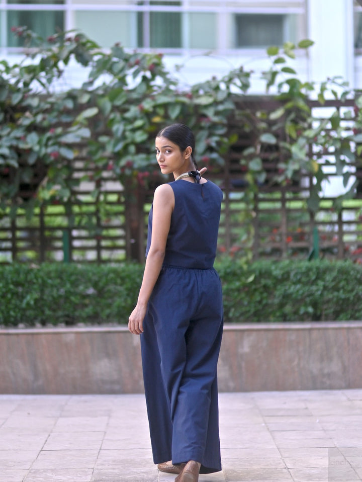 Indus, Woven Ikat, Indigo Flared pants & Cropped Blouse