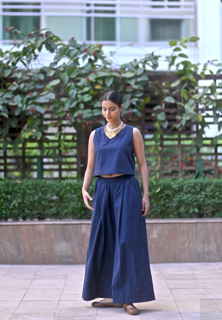 Indus, Woven Ikat, Indigo Flared pants & Cropped Blouse